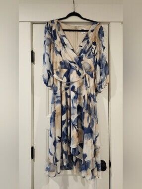 DKNY Floral Wrap Midi Dress in Blue and Cream